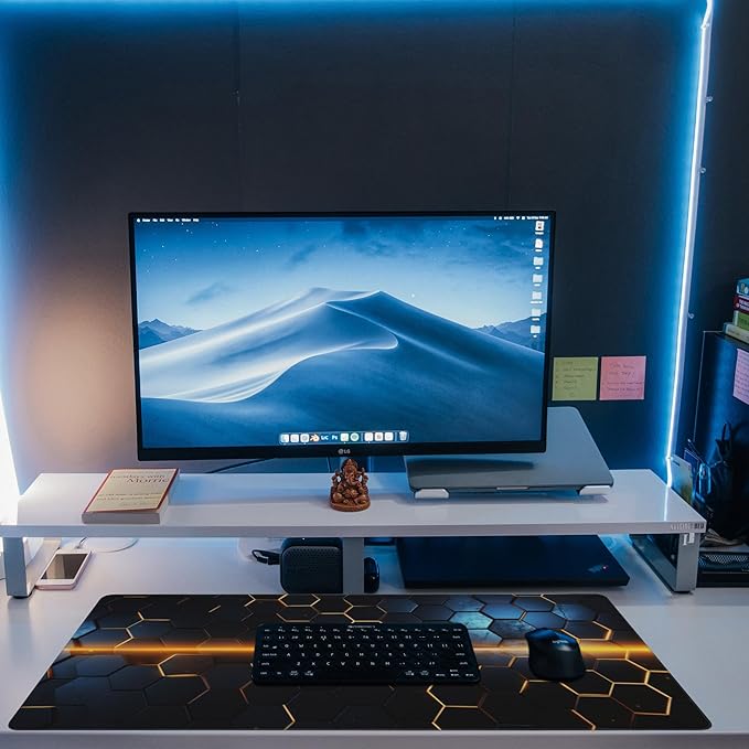 Large Gaming Mouse Pad,Golden Lines Honeycomb Technology Desk Mat,Honeycomb Technology Desk Pad,Extended Computer Keyboard Mouse Pad with Non-Slip Base and Stitched Edge,35.4"x15.7"