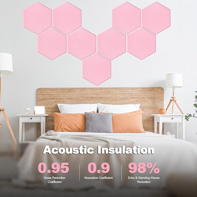 Mollywell Hexagon Acoustic Panels, High Density, Soundproofing, Decorative Noise Reduction Felt Wall Tiles for Ceilings, Home Office & Gaming Room (Cherry Blossom Pink), 14x12x0.4 Inch