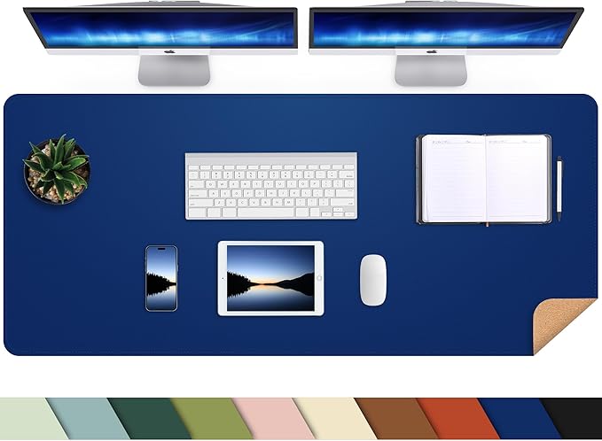 Leather Desk pad Protector, Large Desk mat with Natural Cork & PU Leather,Mouse pad,Non-Slip Office Desk Mat,Waterproof Desk Writing Pad for Office and Home (47in*17in, Sapphire Blue)