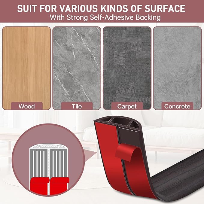 Floor Cord Cover Self Adhesive Cord Hider Floor Extension Cord Covers for Floor Power Cord Protector Cable Management Prevent Cable Trips Cable Cavity 0.47" W x 0.27" H (Dark Walnut, 10Ft)