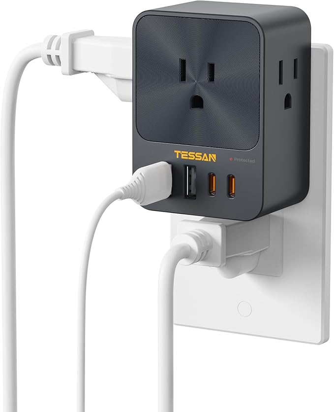 30W Wall Charger, TESSAN Fast Charging Multi Plug Adapter with 3 Outlet Extender Surge Protector, Multiple Plug with 4 USB Block Power Delivery (2 USB C Ports) for Home Office Essentials