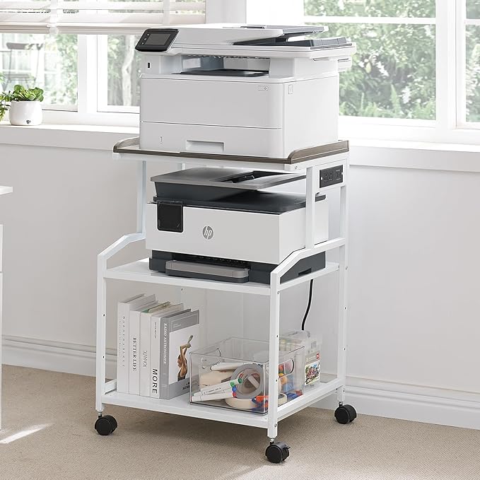 Lauren&Harold 34'' Printer Stand with Power Outlets & USB Ports, 3-Tier Adjustable Rolling Cart, Heavy Duty 150LBS Storage Table with Wheels for Office, Kitchen, Living Room, White