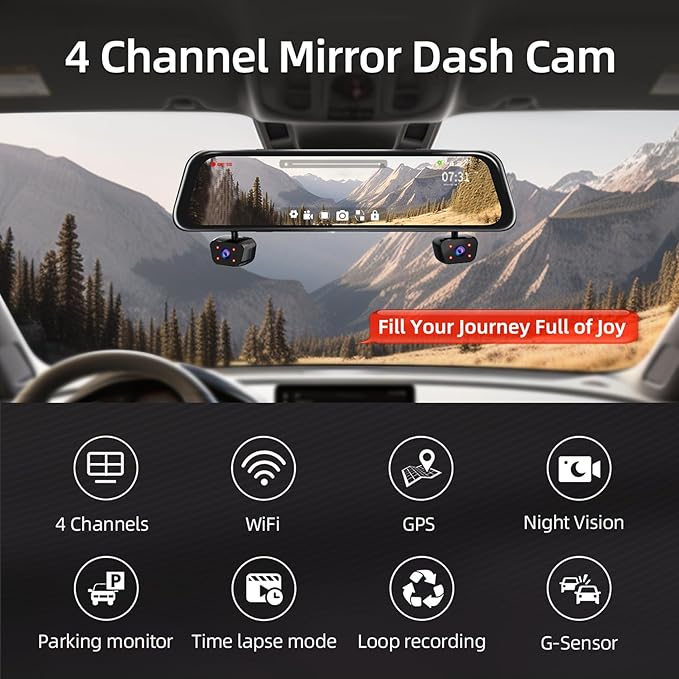 4 Channel Mirror Dash Cam, Dash Cam Front and Rear/Inside, 12’’ FHD 1080Px4 Rear View Mirror Camera, IR Night Vision for Left and Right Inside Car Camera, Built-in WiFi, GPS, Parking Monitor