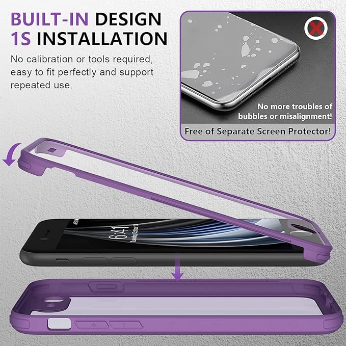 Miracase for iPhone SE Phone Case 3rd/2nd Generation 2022 2020 Full-Body with Built-in Glass Screen Protector, Heavy Duty 360° Protective Shockproof Bumper Cover for iPhone 8/SE, Purple