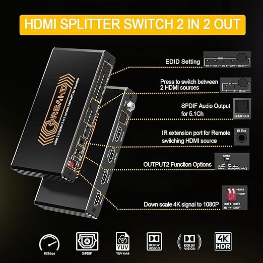 4K@60Hz HDMI 2.0 Splitter 2 in 2 Out with Audio Extractor Supports ARC,e-ARC,Soundbar,Downscale,HDCP Bypass,HDR,CEC,EDID,SPDIF,IR Remote,HDMI Swtich 2 in for soundbar