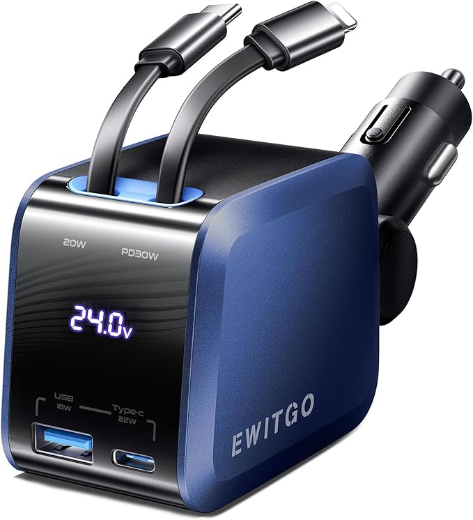 Retractable Car Charger, Car Accessories, 72W Fast Charging USB C Car Charger with 4FT Retractable Cables and 2 Ports, for iPhone 16 15 14 13 12, Samsung etc Dark Blue