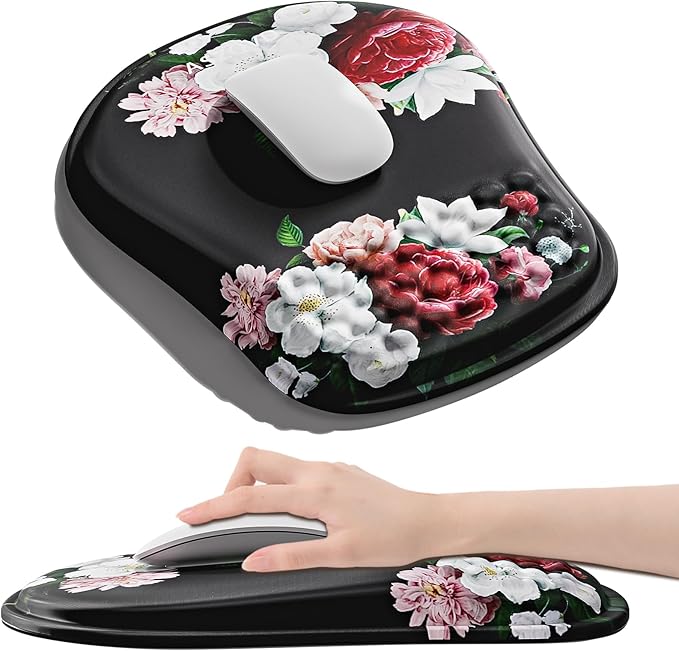 Mouse Pad with Wrist Rest, Ergonomic Mousepads with Wrist Support, Soft Lycra Fabric Memory Foam Office Desk Accessories for Comfort/Pain Relief/PC Gaming/Computer/Laptop (Black Peony)
