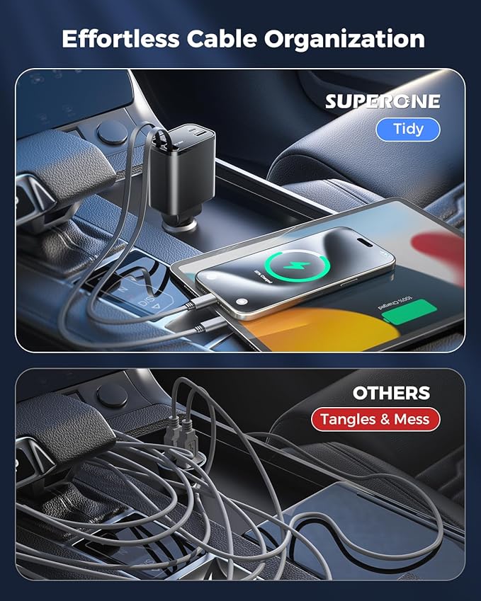 [2025 Upgraded] Retractable Car Charger, SUPERONE 69W Car Phone Charger with Cables Fast Charging, USB C Car Charger Adapter for iPhone 16 15 14 13 12, Samsung, Black