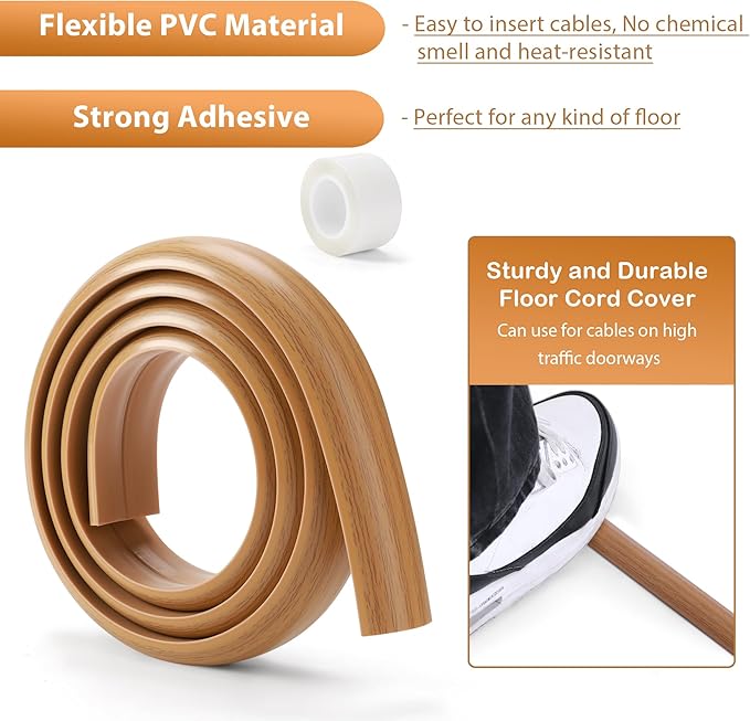 Floor Cord Cover 4ft, Cord Hider Floor Yellow Oak Wood, Cable Management Prevent Trips, Cable Cover Wire Covers for Electric Power Cords, Wire Protector Cavity W0.47in x H0.28in