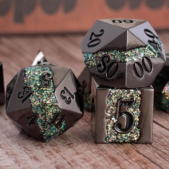 Black Glitter Metal Dice Set,Polyhedral Stripe DND Dice Set with Gift Box,RPG Solid Dungeons and Dragons Set 7pcs