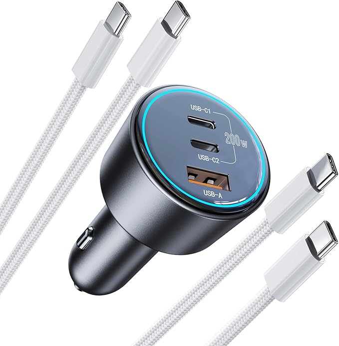 200W Super Fast Car Charger for iPhone 16/15 Pro Max, 3-Port USB C Car Charger Adapter with 2×100W USB C to C Cables, PD3.0/QC4.0, 12V-24V Vehicle Compatible, LED Light & Overheat Protection