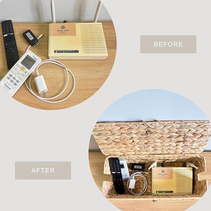 Wicker Cable Management Box with Lid, A Handwoven Water Hyacinth Cords Hider Box for TV, Computer, Router, USB Hub to Hide Cords & Power Strip for Desk, Floor, Office, 16x6.9x6.9”