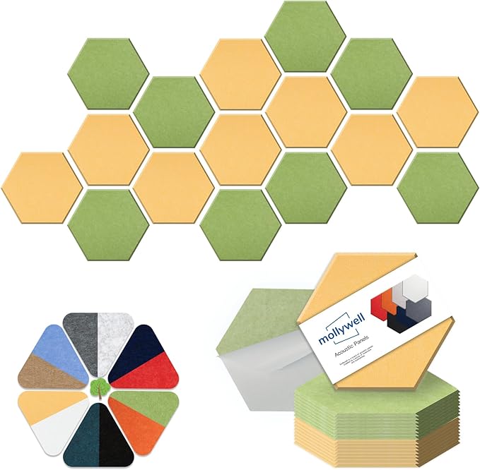 Mollywell Hexagon Acoustic Panels, High Density, Soundproofing, Decorative Noise Reduction Felt Wall Tiles for Ceilings, Home Office & Gaming Room (Yellow and Fruit Green), 14x12x0.4 Inch