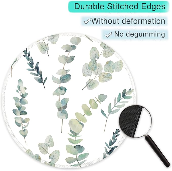 ITNRSIIET Round Mouse Pad with Stitched Edge Premium-Textured Waterproof Non-Slip Rubber Base Desktop Protection Mat Diameter 8.7 inches, Eucalyptus Branches