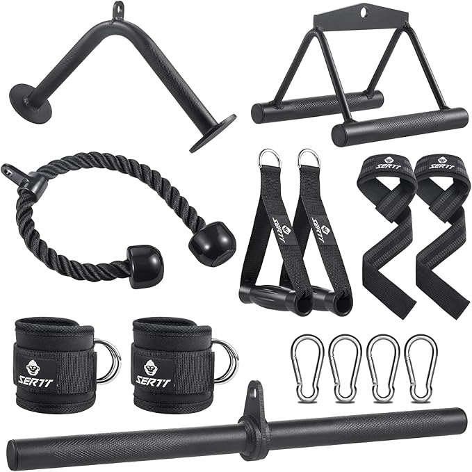 SERTT Workout Cable Machine Attachment for Home Gym, LAT Pulldown Attachments, Cable Accessories for Weight Training, Straight Pull Down Bar, Tricep Rope, Double D Row Handle, V-Shaped Bar