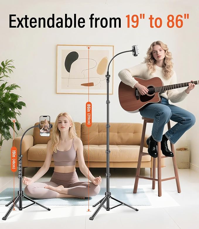 Phone Tripod, 86" Tall Tripod Stand with Gooseneck, Remote and Phone Holder, Suitable for Recording Fitness Vlog Watching Cooking, Compatible with Smartphone, Camera