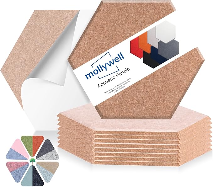 Mollywell Hexagon Acoustic Panels, High Density, Soundproofing, Decorative Noise Reduction Felt Wall Tiles for Ceilings, Home Office & Gaming Room (Deep Brown), 14x12x0.4 Inch