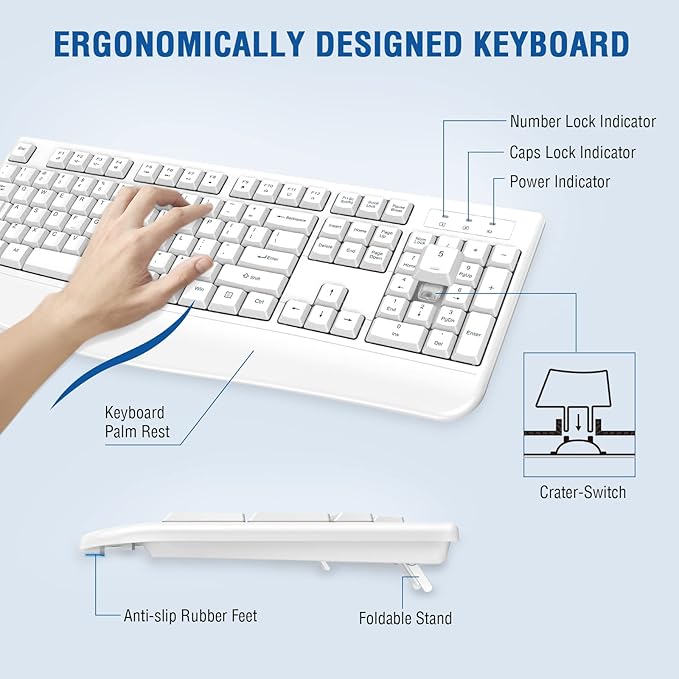 Wireless Keyboard and Mouse Combo, EDJO Full-Sized Ergonomic Computer Keyboard with Wrist Rest and 3 Level DPI Adjustable Wireless Mouse for Windows, Mac OS Desktop/Laptop/PC (White)