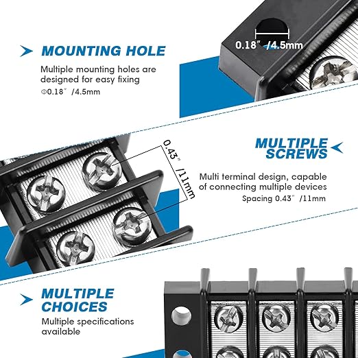 GLOSO Terminal Blocks Double Row Stainless 11 mm Pitch TBC, Marine Grade, 12-22 AWG Cu, 25A/300V - 1 Pack, 10 Poles
