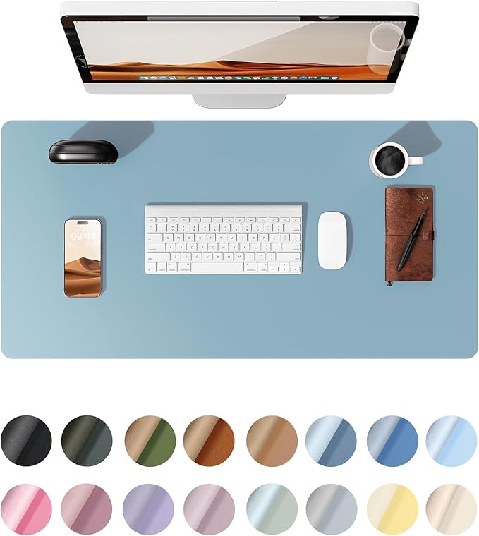YSAGi Leather Desk Protector, Office Mat, Large Mouse Mat, Non-Slip PU Leather Blotter, Laptop Desk Pad, Waterproof Writing Pad for Office and Home (Ice Blue, 23.6" x 13.8")