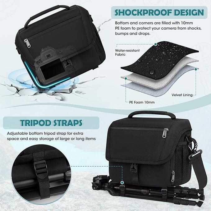 RAINSMORE Camera Bag, DSLR/SLR/Mirrorless Camera Case with Tripod Holder Waterproof Camera Sling Bag Crossbody Camera Bags for Photographers with Rain Cover for Canon/Nikon/Sony/Fuji, Black