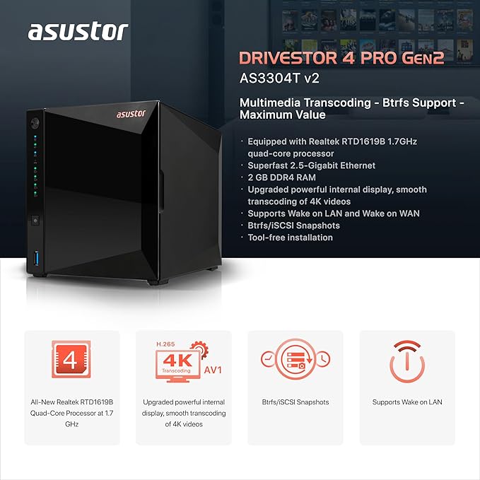 Asustor Drivestor 4 Pro Gen2 AS3304T v2, 4 Bay NAS, 1.7GHz Quad-Core, 2.5GbE Port, 2GB RAM DDR4, Best Value for Home Media Server, Network Attached Storage(Diskless)