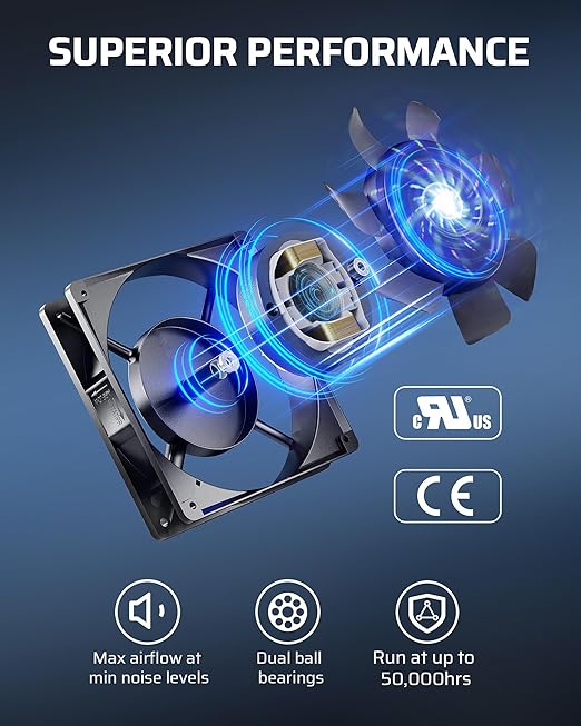 DEWENWILS 120V AC Fan, Waterproof Exhaust Fan 120mm, 13W 2800RPM 60CFM, DIY Cooling Fan for Refrigerator, Computer Case, Compressor Engine, Generator, UL Listed