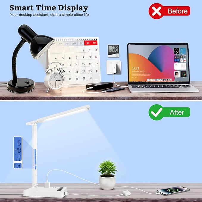 Smart Desk Lamp with Dual USB Charging (Type-C/USB-A) & 2 AC Outlets, Digital Clock, Temperature Display, 5 Color Modes, 5 Brightness, Adjustable - for Office, Bedroom, Dorm Room, Study