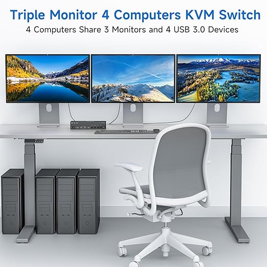 HDMI+2 Displayport KVM Switch 3 Monitors 4 Computers 8K@60Hz 4K@144Hz,4 Port KVM Switches Triple Monitor Share 3 Display and 4 USB3.0 Ports Support Extended/Mirror Mode.