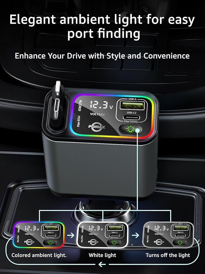 Retractable Car Charger USB C,107W Type C Car Charger Fast Charging with Dual Retractable Cable and USB Ports, Compatible with iPhone 16/15/14/13,S25/24/23/22, Pixel 9/8/7