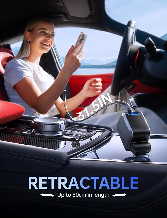Retractable Car Charger, Car Accessories, 72W Fast Charging USB C Car Charger with 4FT Retractable Cables and 2 Ports, for iPhone 16 15 14 13 12, Samsung etc Warm Grey