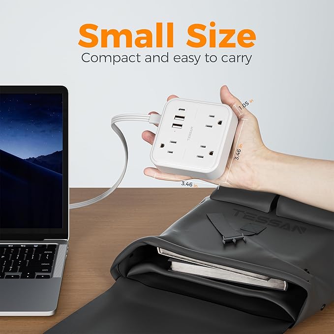 Extension Cord with Multiple Outlets 5 FT, TESSAN Small Flat Plug Power Strip with 3 USB (1 USB C) and 3 AC, Surge Protector Charging Station for Office, School, Dorm Room Essentials, White