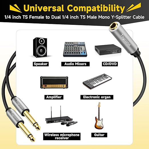 1/4 inch TS Mono Splitter Y Adapter, 6.35mm Mono Female to Dual 6.35 mm TS Mono Male Jack, Quarter inch Audio Speaker Splitter Converter Cable 1 Feet, Gold Plated Connectors