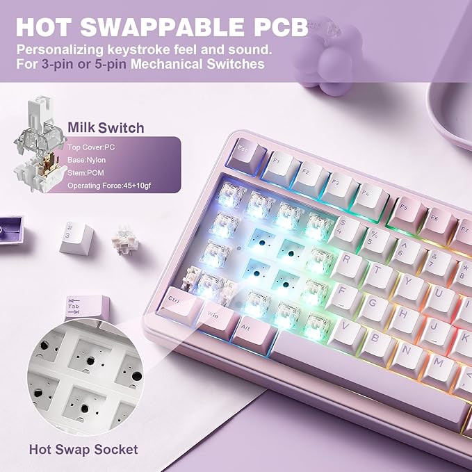 YUNZII B75 PRO Wireless Mechanical Keyboard,75% Layout with Knob,Hot Swap Gasket Custom Structure,Creamy Pre-lubed Switches,RGB Backlit,Bluetooth/Type-C/2.4G for Win/Mac(Milk Switch,Purple)