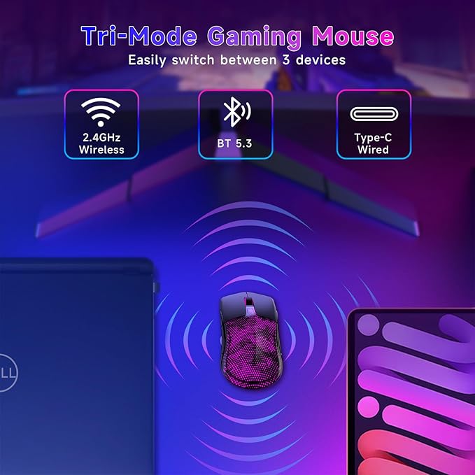 FFJ Master02 Wireless Gaming Mouse, 12000 DPI, Tri-Mode 2.4G/USB-C/Bluetooth 5.3 Gaming Mouse, Large RGB Backlit, 6 Programmable Buttons, 75Hr Battery Life for PC, Mac, Laptop, PS5, Xbox - Black