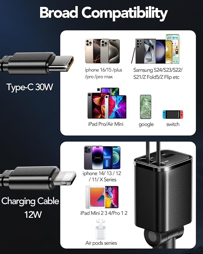 Retractable Car Charger, 4 in 1 Fast Car Charging 60W, Compatible for iPhone 16 Car Travel Essentials Charger, Women Men for Gifts USB C Car Honda Civic Accessories Adapter Compatible for iPhone 16 15