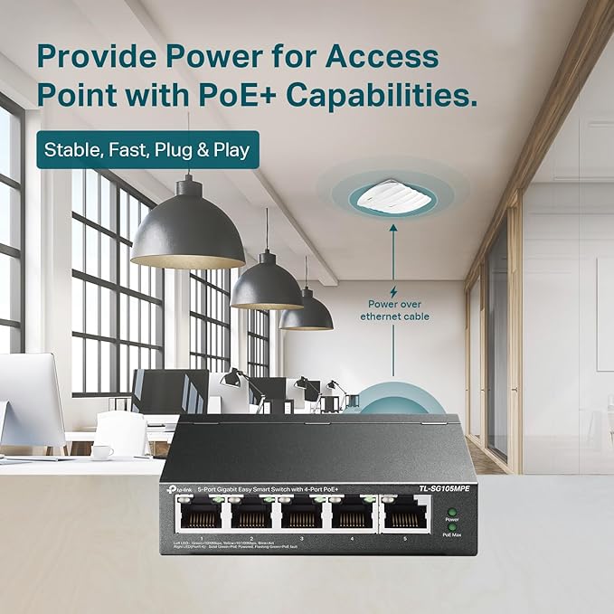 TP-Link TL-SG105MPE | Easy Smart Managed | 4 PoE+ Ports @120W, w/ 1 Uplink Gigabit Port | QoS, Vlan, IGMP & LAG | Fanless | PoE Auto Recovery | 3 Year Protection