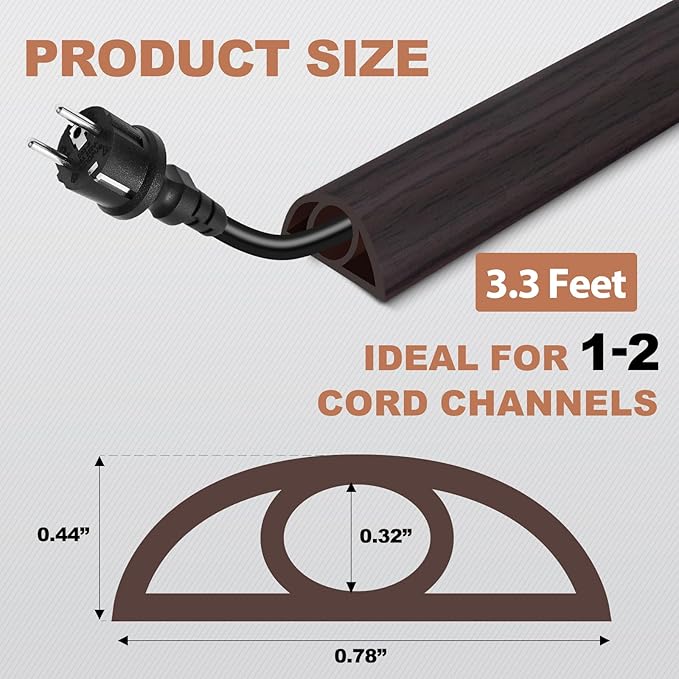 Floor Cord Cover for Wires on Floor Self Adhesive Cord Hider Floor Cable Management Wire Covers for Cords Protector Prevent Cable Trips Cord Cavity W 0.32" x H 0.32", Black Walnut, 3.3Ft