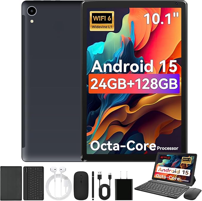 Tablet,10.1" Android 15 Tablet with Octa-core Processor 24GB RAM 128GB ROM HD IPS Touchscreen 8H Battery, Wi-Fi 6, BT 5.0, Dual Camera, Android 15 Tablets with Keyboard Mouse Stylus Case Headphone