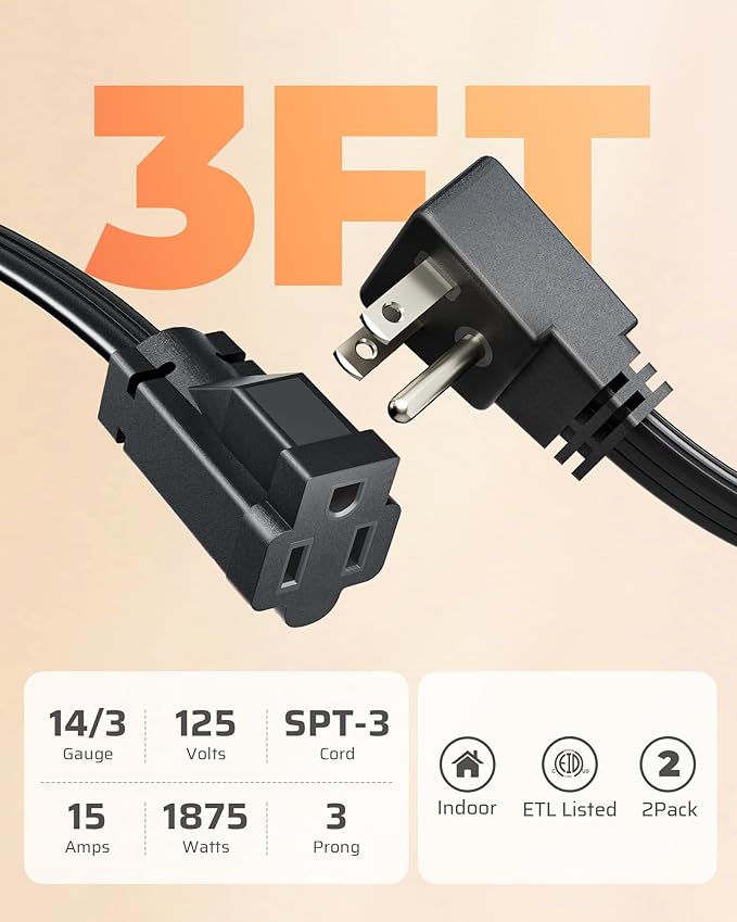 DEWENWILS Heavy Duty 3FT Extension Cord with 3-Prong Flat Plug, 15A/1875W 14/3 SPT-3 Flat Wire, Space Saving for Home Office Appliances & Electronics, ETL Listed, 2 Pack, Black