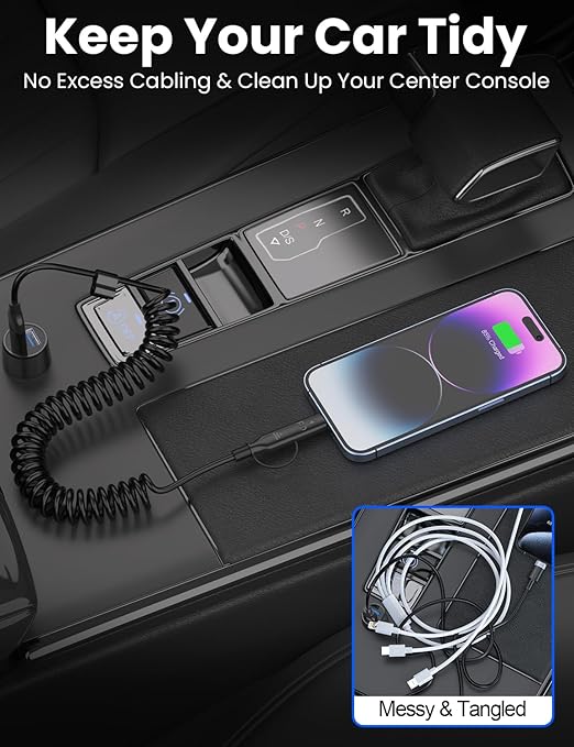Coiled USB-C and Lightning Cable 2-in-1, 3FT iPhone 17 16 Car Charger Cord, 60W Fast Charging Cable for iPhone 15, Samsung Galaxy Supports Apple CarPlay & Android Auto (Black)