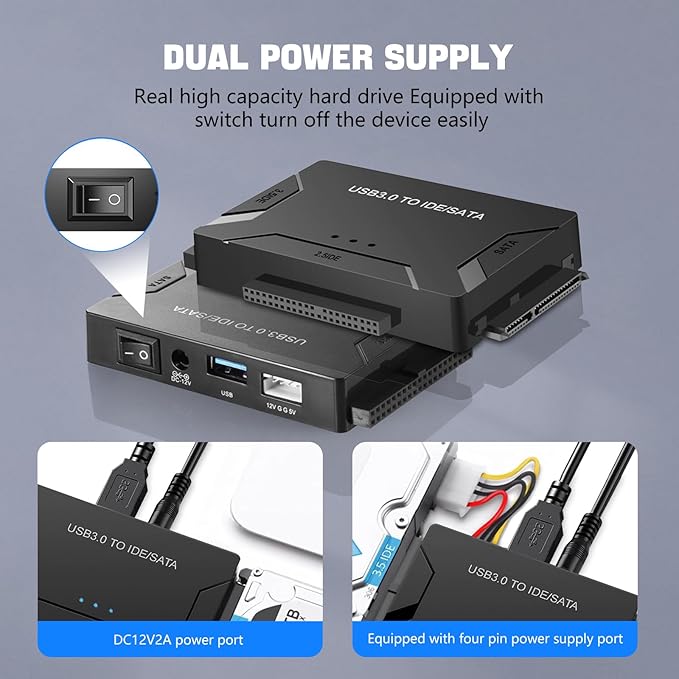 MaxRenard Hard Drive Reader USB 3.0 to SATA/IDE Adapter | Universal External Hard Drive Reader & Data Recovery Converter Kit for 2.5"/3.5" HDD/SSD | with 12V/2A Power Supply