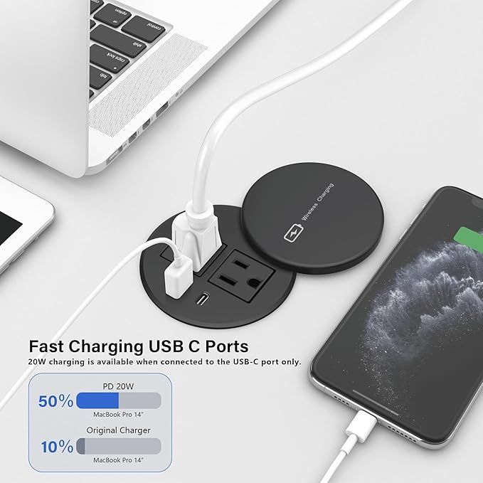 Desktop Power Grommet 3-inch Hole,15W Wireless Charger,20W USB C Fast Charging Station,2 AC Plug,Round Recessed Power Strip, Workspace Essential Desk Hole Cover for Cables Black