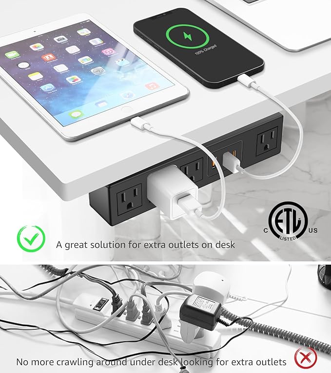 HHSOET Under Desk Power Strip with 3M Adhesive, Removable Under Desktop Mount Plug with 30W Fast Charging USB C and USB A Ports, 4 Outlet Under Table Surge Protector 1200J, 6FT Extension Cord. (Black)
