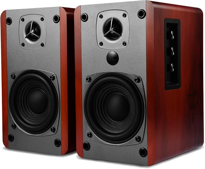 SINGING WOOD BT27 Active Powered Bluetooth Bookshelf Speakers for Studio Monitor TV Computer Turntable - 60 Watts - Wood Grain Finish (Walnut)