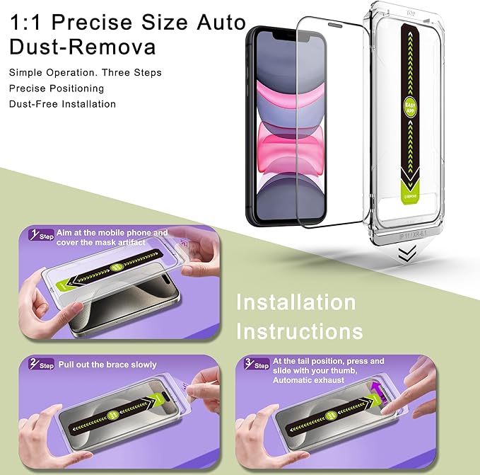(2-Pack Ultra HD Clear Screen Protector for iPhone 11/XR (6.1-Inch),9H Tempered Glass,Full Coverage,Anti-Fingerprint,Auto Dust Removal,Bubble-Free,Easy Installation