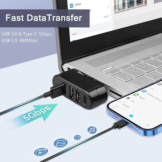 VIENON 4-Port USB C Hub [90°/180° Degree Rotatable], USB C Adapter Splitter, USB Extender for MacBook, iMac, Surface, and More C Port Laptop