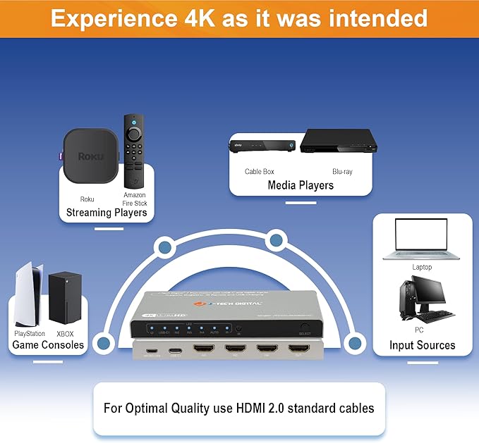 J-Tech Digital 4K 60Hz 4x1 HDMI & USB-C Switch | 3 HDMI + 1 USB-C Input, 1 HDMI Output | Compatible w/HDR & Dolby Vision | IR Remote, Auto Switch, CEC, Digital Audio [JTECH-4KSW3H1C]