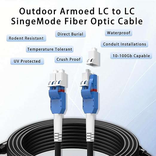 1M/3FT LC to LC Armored Outdoor Fiber Optic Cable, Single Mode Duplex 9/125μm SMF Fiber Patch Cord, OS1/OS2 Compatible, Black LSZH Jacket, Uniboot Jumper for FTTH, Data Center, Long-Distance Use