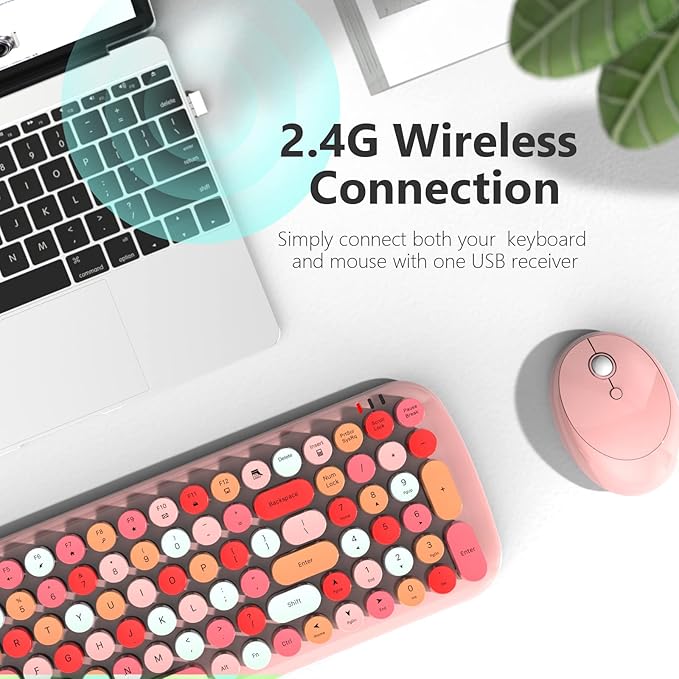 KNOWSQT Wireless Keyboard and Mouse Combo, Light Pink 100 Keys 2.4 GHz Round Keycap Typewriter Keyboards, USB Receiver Plug and Play, for Windows, PC, Laptop, Computer, Desktop